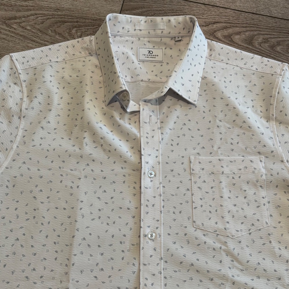 7 Diamonds Button Down Shirt Mens XL White Grey Pattern 4-Way Stretch Casual - Picture 1 of 7